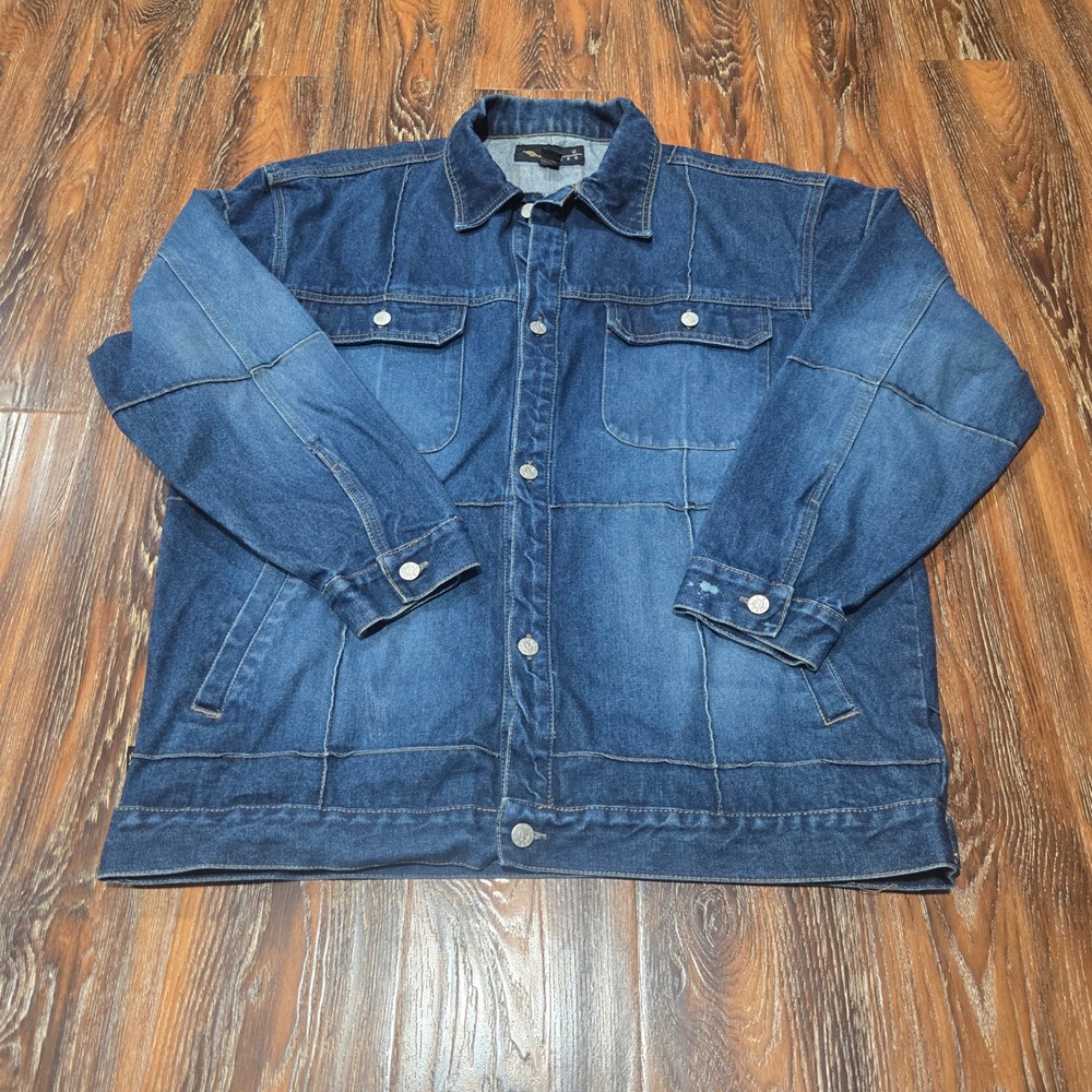 Vibes XL Denim Trucker Jacket Men Blue Paneled Patchwork Cotton Jean Coat